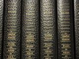 several books are lined up on a shelf in a library