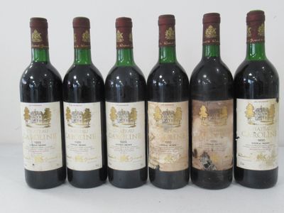 six bottles of wine are lined up on a table