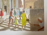 a painting of a group of people walking down the street