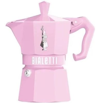 une cafetière moka rose en forme de machine à café, ornée d'un chat