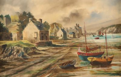 un tableau représentant des bateaux sur le rivage d'une petite ville