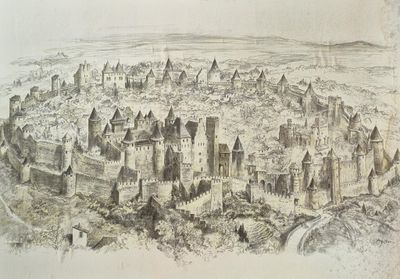 un dessin représentant un château au cœur d'une ville