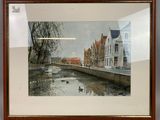 tableau représentant un canal avec des bâtiments et des canards dans l'eau