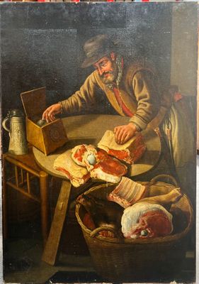 un vieux tableau représentant un homme en train de préparer un repas sur une table