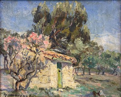an oil painting of a small house in the middle of a field