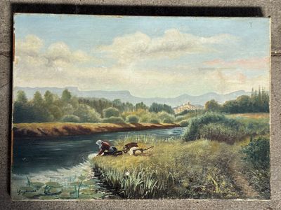 un tableau représentant un homme et un chien au bord d'une rivière