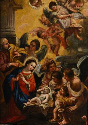 une image représentant un tableau où l'on voit un groupe de personnes entourant un bébé dans une crèche