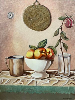 un tableau représentant un bol de pommes et une tasse posés sur une table