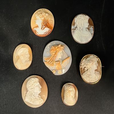 six types différents de camées sculptés sur un fond noir