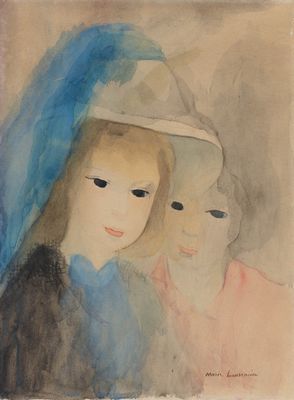 painting of two women with blue veils and a white hat