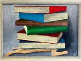 une peinture représentant une peinture représentant une pile de livres