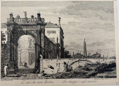 an old drawing of a building with a clock tower in the background