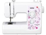 the sewing machine is white and has a pink design on it