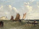une peinture représentant un groupe de bateaux dans l'eau