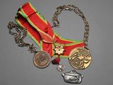 a red ribbon with a gold medal and a red ribbon with a silver medal and a red ribbon with a gold medal and a red ribbon with a crown