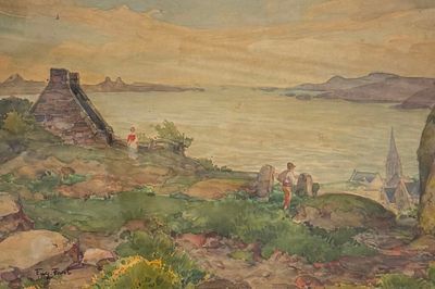 a painting of people on a hill by the water