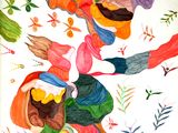 tableau représentant une femme vêtue d'une robe colorée, ornée de fleurs et de feuilles