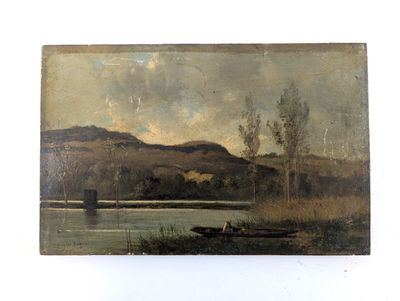 tableau représentant une scène fluviale avec un bateau au premier plan et des montagnes en arrière-plan