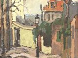peinture à l'huile d'une scène de rue avec des bâtiments et des arbres