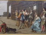 a painting of a group of people standing outside of a building