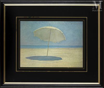 tableau représentant un parapluie sur la plage, dans un cadre noir