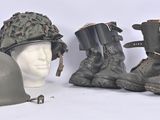 three helmets and a helmet are sitting on a mannequin head