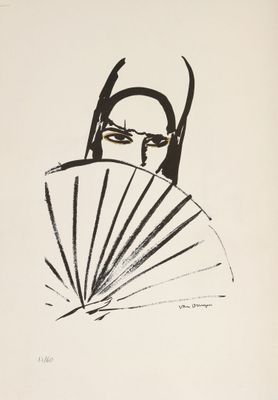 an image of a black and white drawing of a man with a fan
