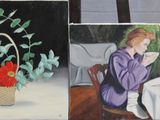 three paintings of a woman sitting at a table with a basket of flowers