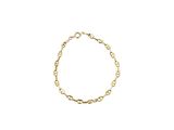 a gold chain bracelet with a link on a white background