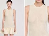 two photos of a woman in a white dress and a woman in a beige dress