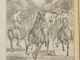 a drawing of a group of people riding on horses