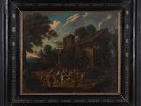 un tableau représentant un groupe de personnes devant une maison, dans un cadre boisé