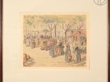 drawing of a market scene with people and vendors