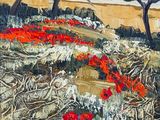 an oil painting of a field of red flowers with trees in the background