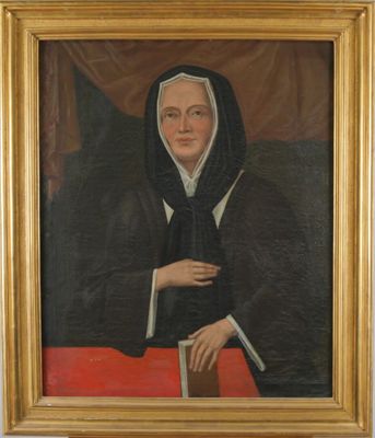 portrait of a woman in a black robe with a book in her hand