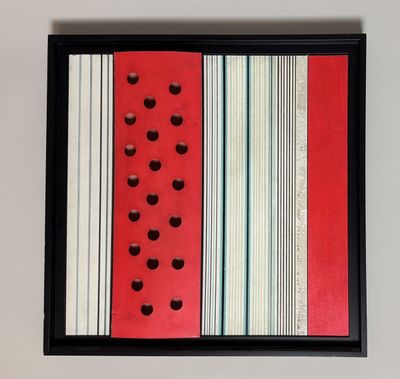 an abstract painting of red, white and blue stripes with black dots