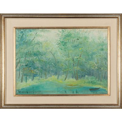 une peinture à l'huile représentant un bateau sur une rivière au milieu d'un paysage boisé