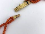 an orange beaded necklace with a gold clasp on a white surface