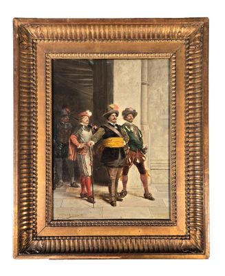 une peinture à l'huile représentant deux hommes debout devant un bâtiment