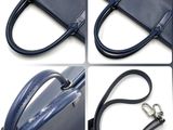 several pictures of a blue purse with a metal clasp