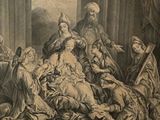 a black and white drawing of a group of people in a room