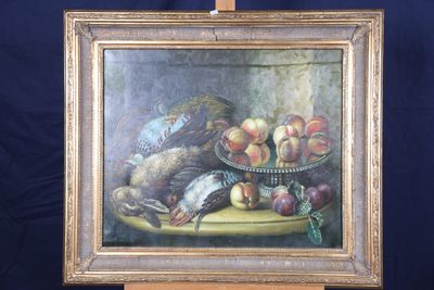 une photo d'un tableau représentant une nature morte avec des fruits sur une table