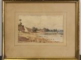 a painting of a beach scene with a house and a boat in the water