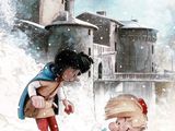 a painting of a boy and a girl playing in the snow