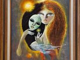 an oil painting of a woman holding a mask in front of her face