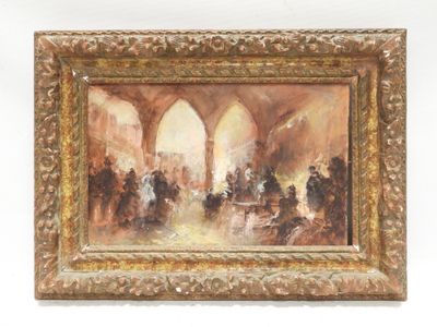 an oil painting of a group of people sitting around a table