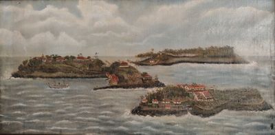 tableau représentant la vue d'une petite île au milieu d'un plan d'eau