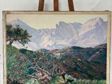 une peinture à l'huile représentant un paysage de montagne avec un arbre au premier plan