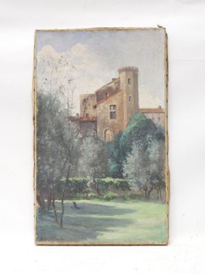 painting of a castle in a field with trees in the foreground