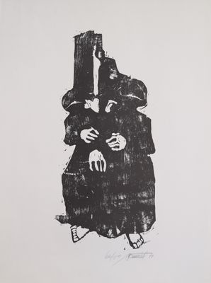a black and white drawing of a man holding a woman